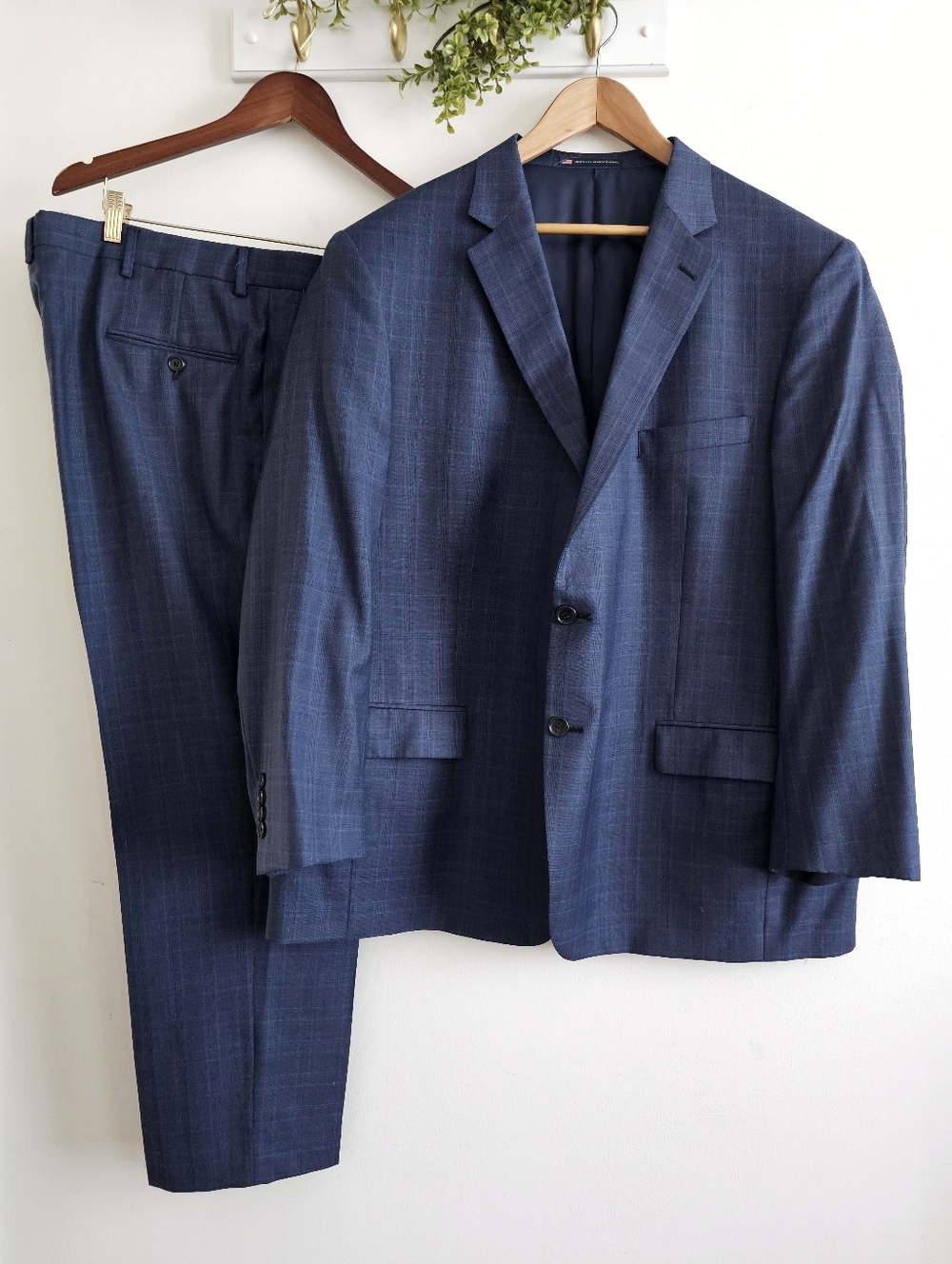 Hart Schaffner Marx Blue Suit 52R 44W Big & Tall USA Made 2 Piece Wool Blend